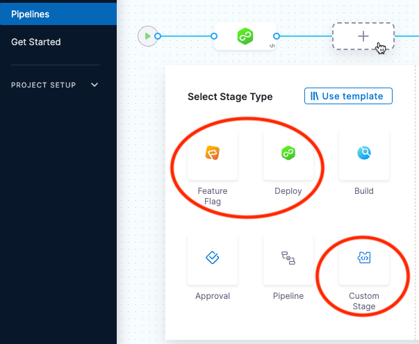 Select a stage screen with Feature Flag, Deploy, and Custom Stage highlighted